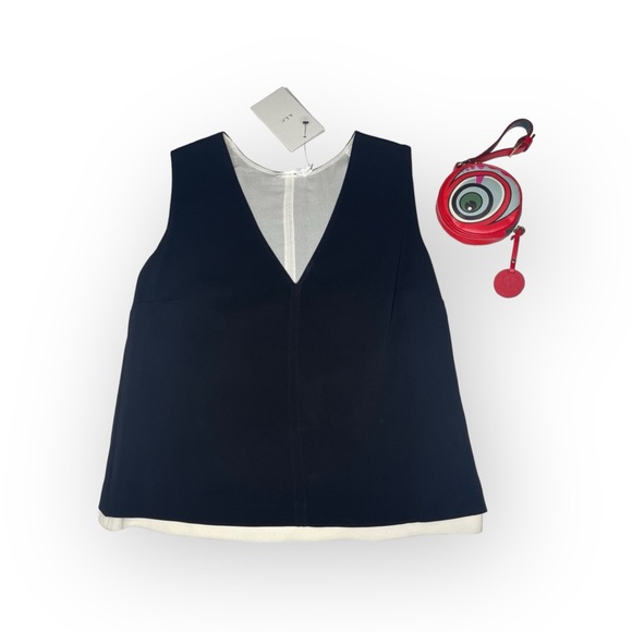 new A.L.C. ALC 𖦹 Cutaway Hem Contrast V Neck Silk Tank Top 𖦹 Black White 𖦹 8 - Picture 6 of 17